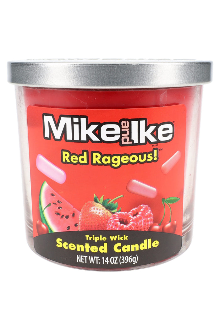 14-oz triple-wick Mike and Ike Red Rageous scented candle, bright red wax jar with silver lid and fruity candy artwork