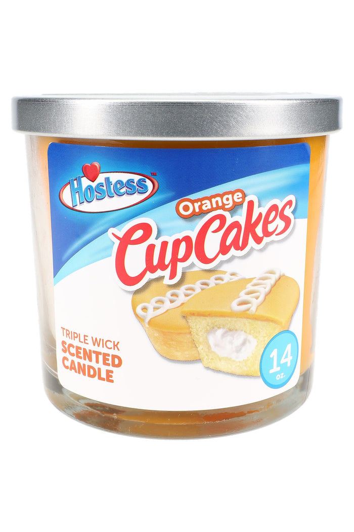 14-oz triple-wick Hostess Orange CupCakes scented candle, orange wax glass jar featuring snack-cake graphic beneath metal lid