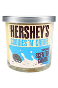 14-oz triple-wick Hershey’s Cookies ’N’ Crème scented candle, creamy white wax jar with cookie splash label and silver top