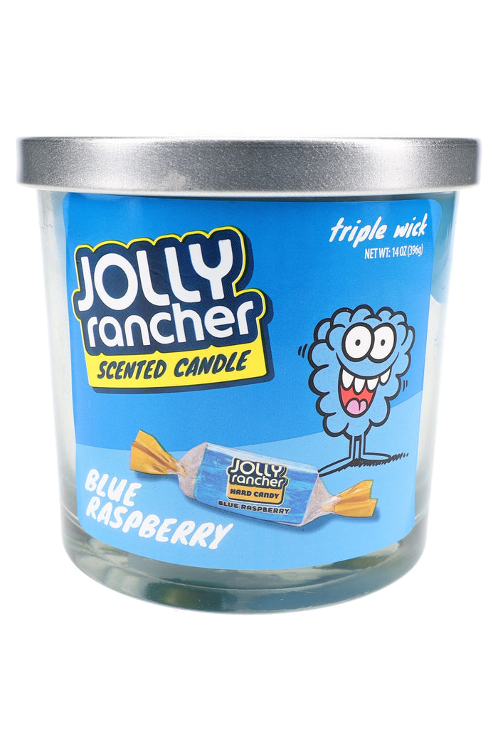 14-oz triple-wick Jolly Rancher Blue Raspberry scented candle, blue wax jar showing candy mascot and wrapper graphic with lid