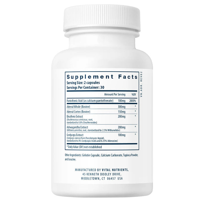 Adrenal Support by Vital Nutrients bottle with label showing 'Supplement Facts' on a white background