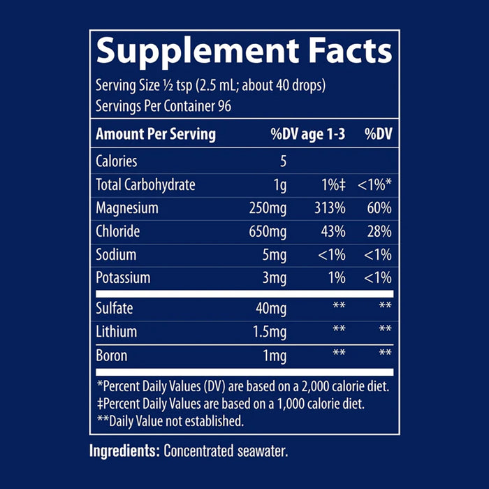 Concentrace Trace Minerals supplement facts label on a blue background