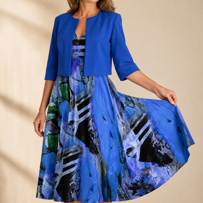 Phaeline - Printed Midi Dress with Attached Cardigan