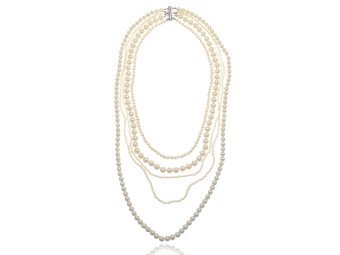 White Ivory Pearl Flapper Layered Multi Strand Long Necklace