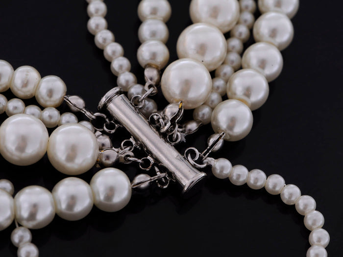 White Ivory Pearl Flapper Layered Multi Strand Long Necklace