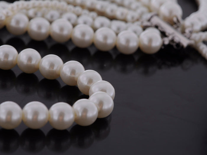 White Ivory Pearl Flapper Layered Multi Strand Long Necklace